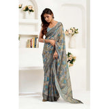 Women's Faux Linen Abstract Print Ready to wear Saree With Unstitched Blouse 5.5Mtr (Grey)