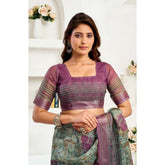 Multicolor faux linen printed ready-to-wear saree with unstitched blouse, vibrant cultural attire for women's festivities