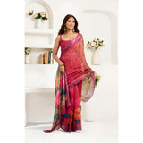 Women's Faux Linen Floral Print Ready to wear Saree With Unstitched Blouse 5.5Mtr (Pink)