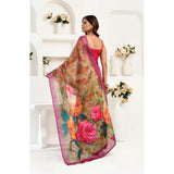 Women's Faux Linen Floral Print Ready to wear Saree With Unstitched Blouse 5.5Mtr (Pink)