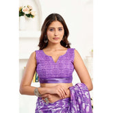 Purple faux linen floral print saree with unstitched blouse, ready-to-wear Indian women's fashion accessory