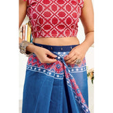 Blue faux linen floral print saree with unstitched blouse, ready-to-wear Indian women's fashion accessory