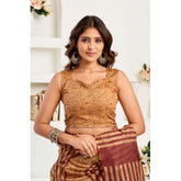 Brown faux linen geometric print saree with unstitched blouse, ready-to-wear Indian ethnic wear