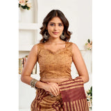 Women's Faux Linen Geometric Print Ready to wear Saree With Unstitched Blouse 5.5Mtr (Brown)