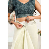Off-white faux linen floral print ready-to-wear saree with unstitched blouse, vibrant floral design on display