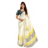 Women's Faux Linen Floral Print Ready to wear Saree With Unstitched Blouse 5.5Mtr (Off_White)
