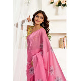 Women's Faux Linen Floral Print Ready to wear Saree With Unstitched Blouse 5.5Mtr (Pink)