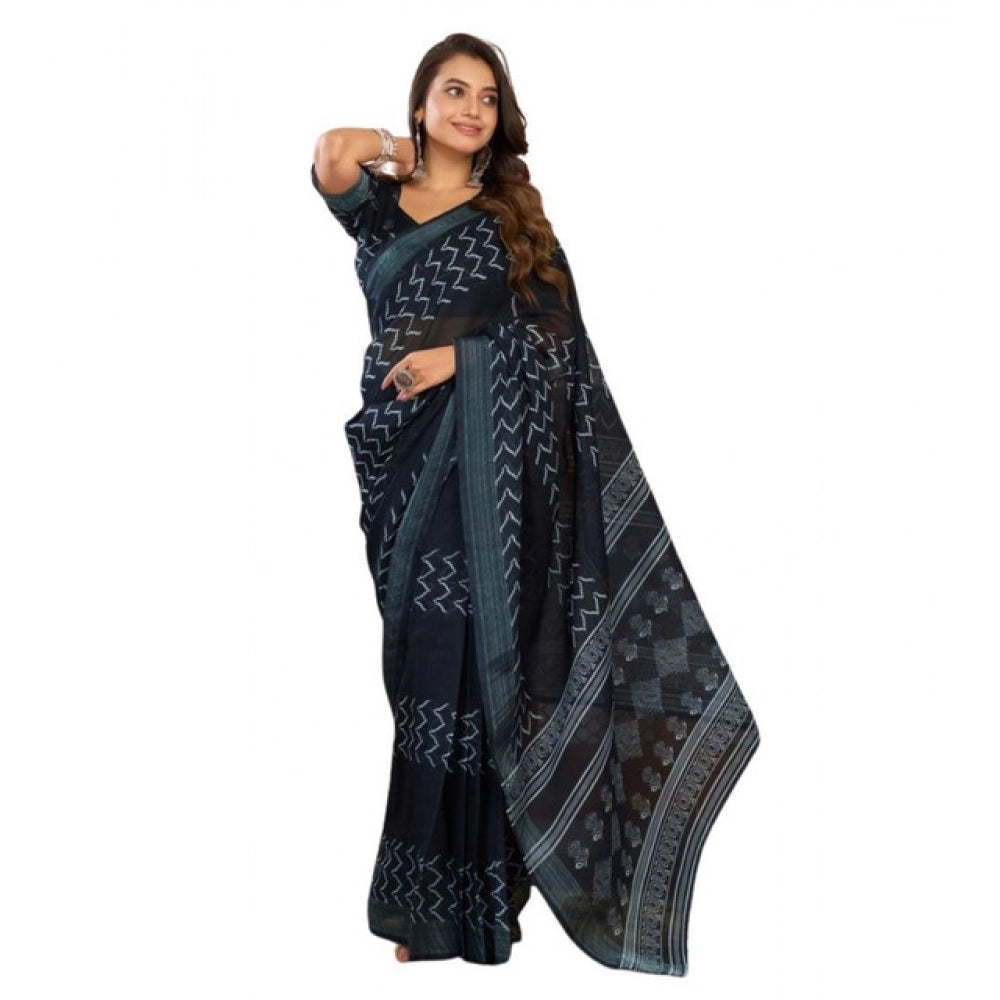 Black faux linen geometric print ready-to-wear saree with unstitched blouse, vibrant geometrics on 5.5Mtr fabric