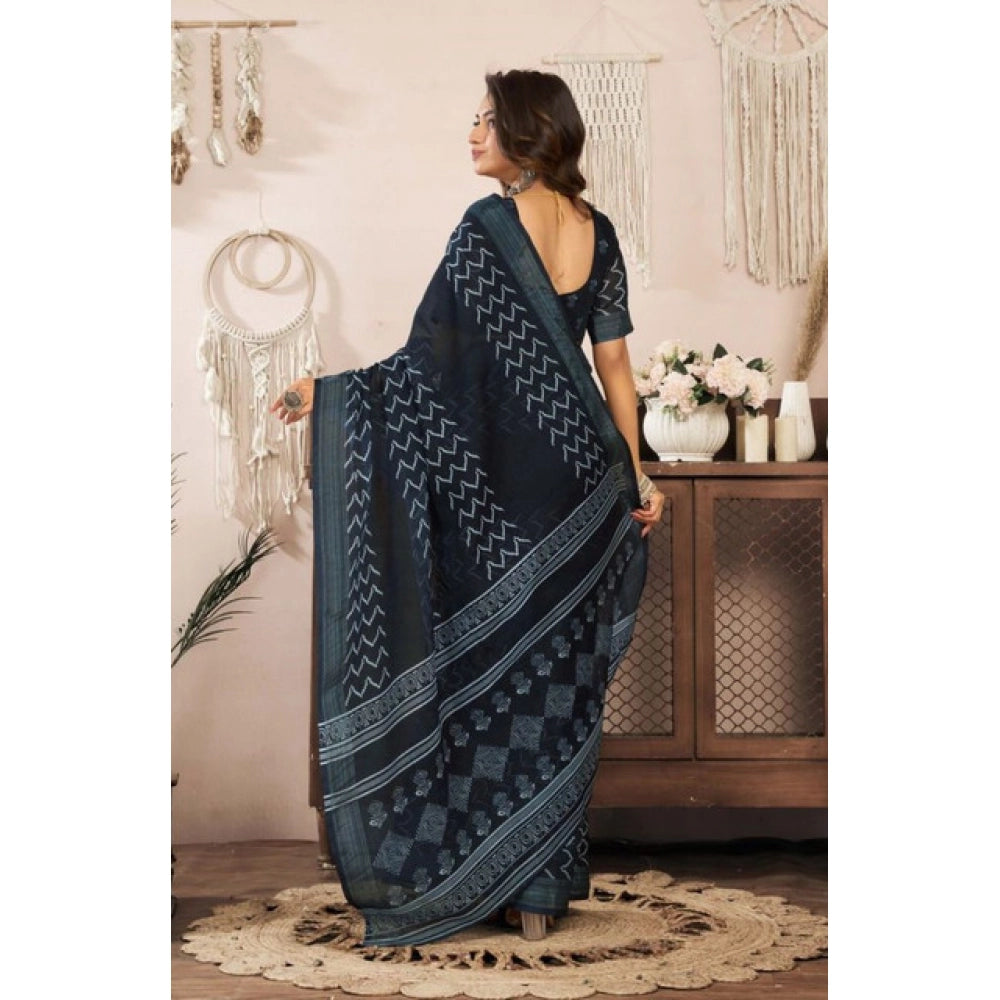 Black faux linen geometric print saree with unstitched blouse, 5.5mtr length