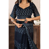 Black faux linen geometric print saree with unstitched blouse, ready-to-wear women's fashion accessory