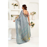 Women's Faux Linen Geometric Ready to wear Saree With Unstitched Blouse 5.5Mtr (Grey)