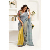 Women's Faux Linen Geometric Ready to wear Saree With Unstitched Blouse 5.5Mtr (Grey)