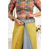 Grey-yellow faux linen geometric saree with unstitched blouse (5.5Mtr) - ready-to-wear traditional Indian attire