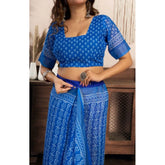 Blue faux linen geometric print saree with unstitched blouse, ready-to-wear traditional Indian women's fashion