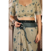 Light Beige faux linen floral print saree with unstitched blouse, ready-to-wear Indian women's traditional attire