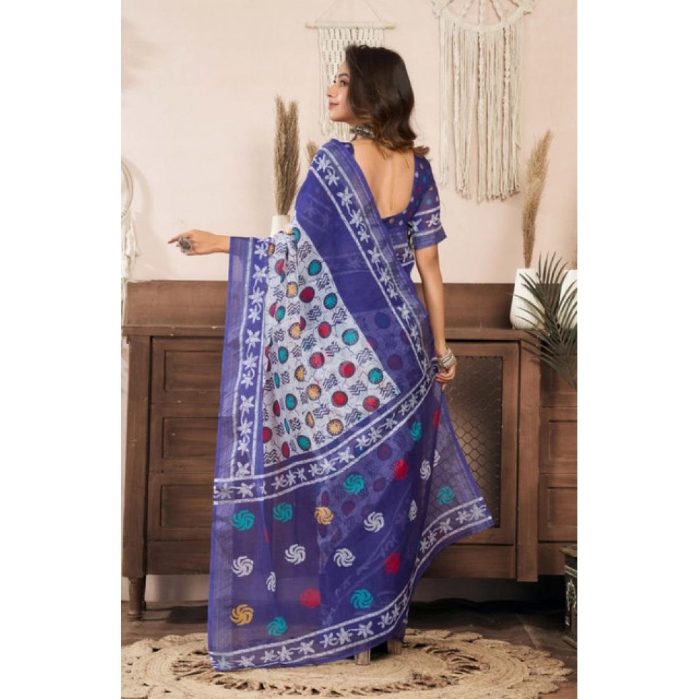 Blue faux linen geometric print ready-to-wear saree with unstitched blouse (5.5mtr)