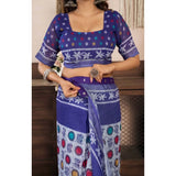 Blue faux linen geometric print saree with unstitched blouse, ready-to-wear for women's traditional Indian fashion
