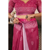 Women's faux linen pink floral print saree with unstitched blouse, ready-to-wear for traditional Indian festivities