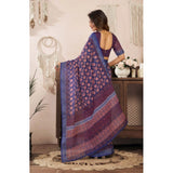 Women's Faux Linen Floral Print Ready to wear Saree With Unstitched Blouse 5.5Mtr (Dark_NavyBlue)