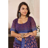 Dark navy blue faux linen floral print saree with unstitched blouse, ready-to-wear Indian fashion