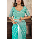 SeaGreen faux linen saree with leaf print, ready-to-wear and unstitched blouse (5.5Mtr)