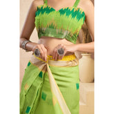 Green faux linen floral print ready-to-wear saree with unstitched blouse (5.5mtr)