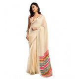 Women's Faux Linen Floral Print Ready to wear Saree With Unstitched Blouse 5.5Mtr (Cream)