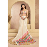 Women's Faux Linen Floral Print Ready to wear Saree With Unstitched Blouse 5.5Mtr (Cream)