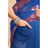 Blue faux linen printed ready-to-wear saree with unstitched blouse, 5.5mtr length