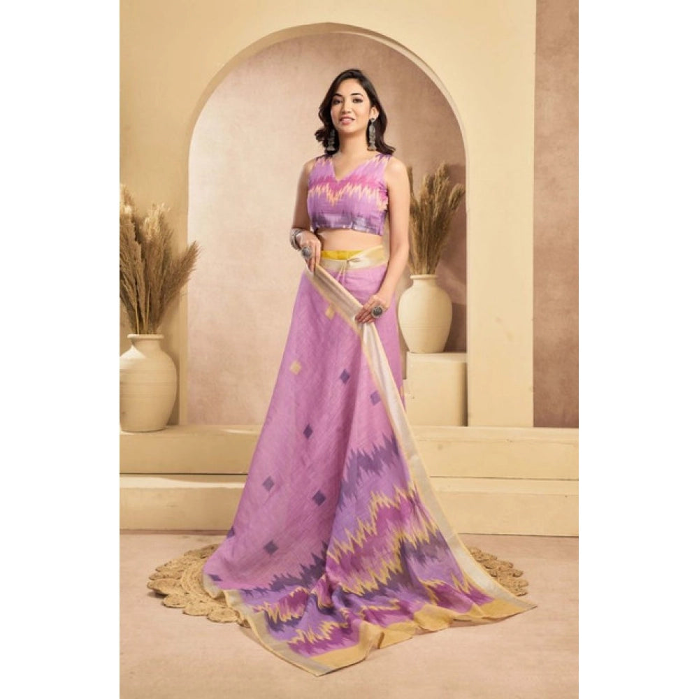 Lavender faux linen floral saree with unstitched blouse (5.5Mtr), ready-to-wear Indian traditional attire