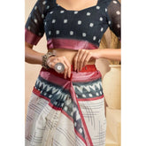 Off-white faux linen floral print ready-to-wear saree with unstitched blouse, vibrant floral pattern on display