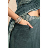 Light Teal faux linen floral saree with unstitched blouse, 5.5mtr ready-to-wear for Indian women