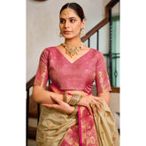 Light Beige Silk-Blend Saree with Unstitched Blouse, work-ready Booti pattern for women's formal wear