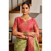 Green silk blend Booti work-ready saree with unstitched blouse, 5.5Mtr length for professional wear