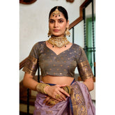 Lavender silk blend booti work saree with unstitched blouse, ready-to-wear for professional events