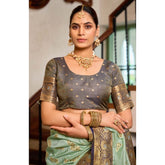 Sea-green silk blend work saree with unstitched blouse, ready for professional wear