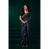 Women's Net Sequence Saree With Unstitched Blouse 5.5Mtr (Blue)