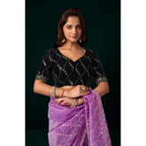 Lavender net sequence saree with unstitched blouse, 5.5mtr length on model