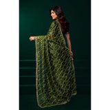 Light green net sequence saree with unstitched blouse, intricate sequin work on flowing net fabric for traditional Indian women's wear