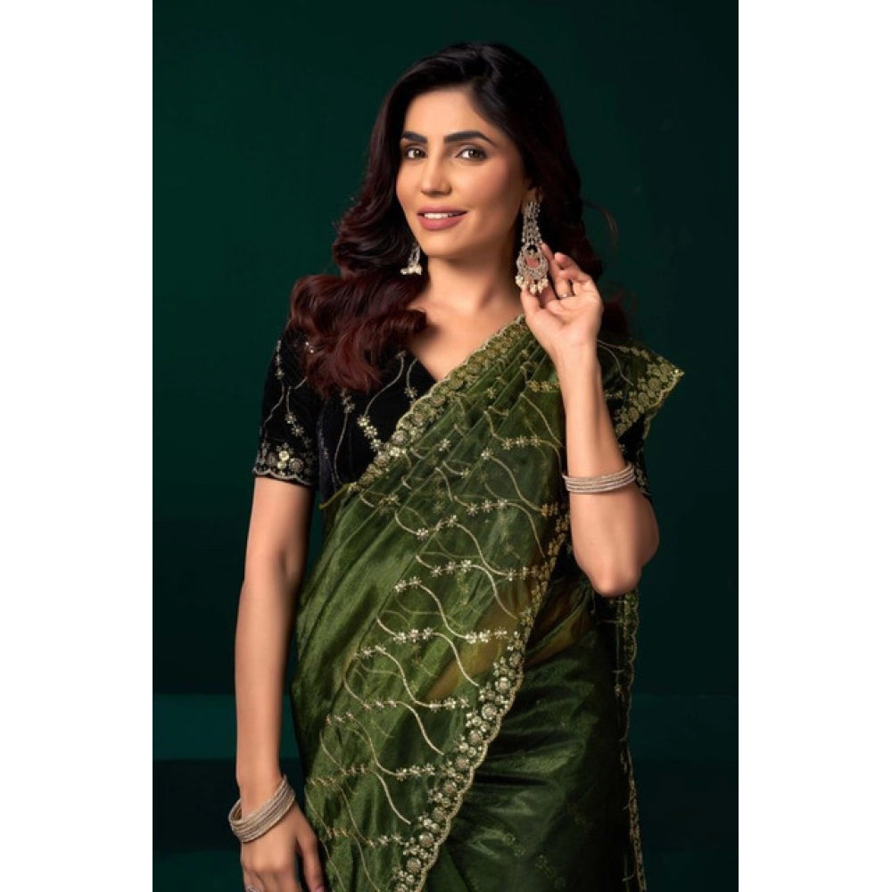 Light green net sequence saree with unstitched blouse, perfect for traditional Indian wear