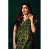 Light green net sequence saree with unstitched blouse, perfect for traditional Indian wear