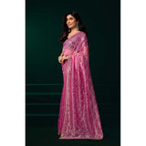 Women's Net Sequence Saree With Unstitched Blouse 5.5Mtr (Light Pink)