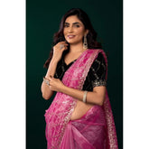 Light pink net sequence saree with unstitched blouse, intricate detailing on a 5.5mtr length