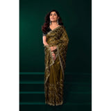 Women's Net Sequence Saree With Unstitched Blouse 5.5Mtr (Mahendi)