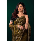 Mahendi net sequence saree with unstitched blouse (5.5Mtr), intricate pattern ideal for Indian festivals