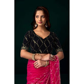 Pink net sequence saree with unstitched blouse (5.5mtr), Indian traditional wear on mannequin