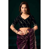 Purple net sequence saree with unstitched blouse, intricate sequin details on flowing net material for women's fashion
