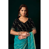 Turquoise net sequence saree with unstitched blouse (5.5mtr), traditional Indian women's fashion