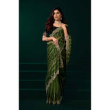 Women's Net Sequence Saree With Unstitched Blouse 5.5Mtr (Green)