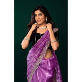 Lavender net sequence saree with unstitched blouse, intricate sequin detail on 5.5m length